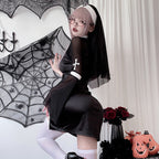 Women's black nun Halloween costume mini dress with white collar, cross print and sheer bell sleeves - view 4