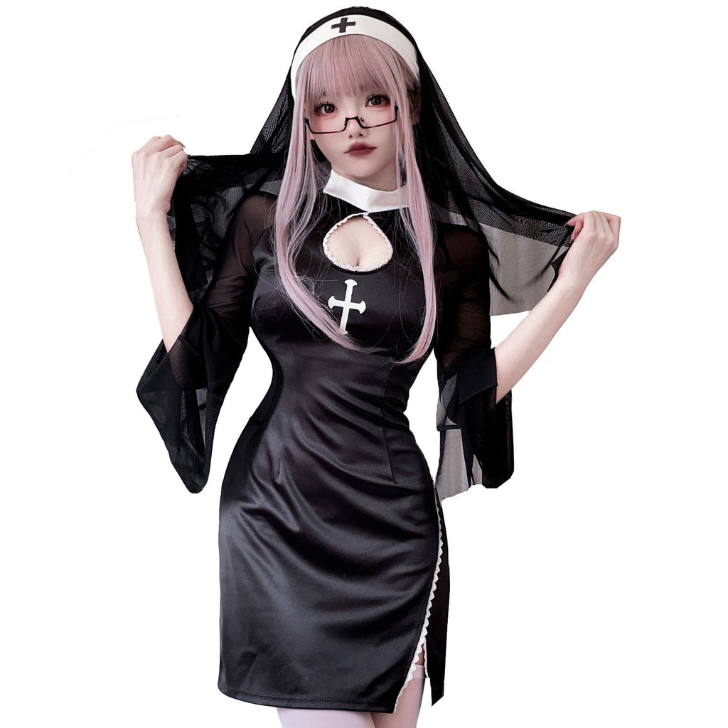 Women's black nun Halloween costume mini dress with white collar, cross print and sheer bell sleeves - view 5