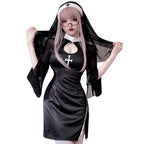 Women's black nun Halloween costume mini dress with white collar, cross print and sheer bell sleeves - view 5