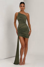 Olive green one-shoulder ruched mini dress with sheer mesh waist and long hip drape