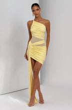 Olive green one-shoulder ruched mini dress with sheer mesh waist and long hip drape - view 10