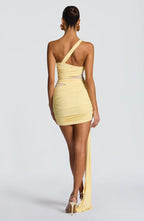 Olive green one-shoulder ruched mini dress with sheer mesh waist and long hip drape - view 12