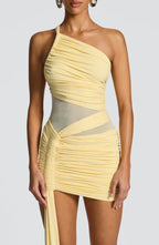 Olive green one-shoulder ruched mini dress with sheer mesh waist and long hip drape - view 14