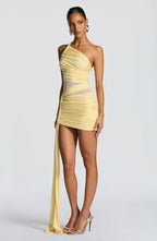 Olive green one-shoulder ruched mini dress with sheer mesh waist and long hip drape - view 15