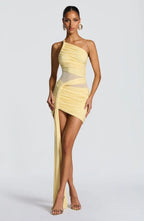 Olive green one-shoulder ruched mini dress with sheer mesh waist and long hip drape - view 17
