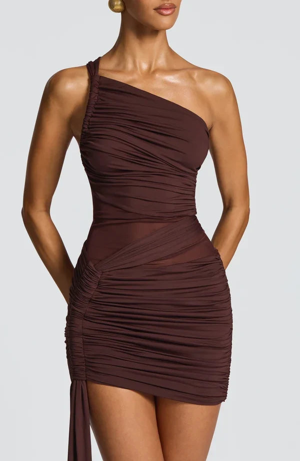 Olive green one-shoulder ruched mini dress with sheer mesh waist and long hip drape - view 22