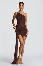 Olive green one-shoulder ruched mini dress with sheer mesh waist and long hip drape - view 23