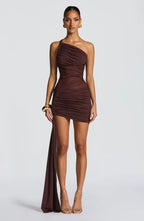 Olive green one-shoulder ruched mini dress with sheer mesh waist and long hip drape - view 25