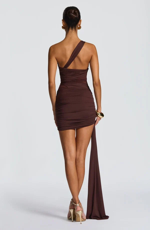 Olive green one-shoulder ruched mini dress with sheer mesh waist and long hip drape - view 27