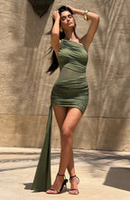 Olive green one-shoulder ruched mini dress with sheer mesh waist and long hip drape - view 3