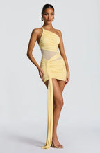 Olive green one-shoulder ruched mini dress with sheer mesh waist and long hip drape - view 31