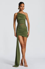 Olive green one-shoulder ruched mini dress with sheer mesh waist and long hip drape - view 5