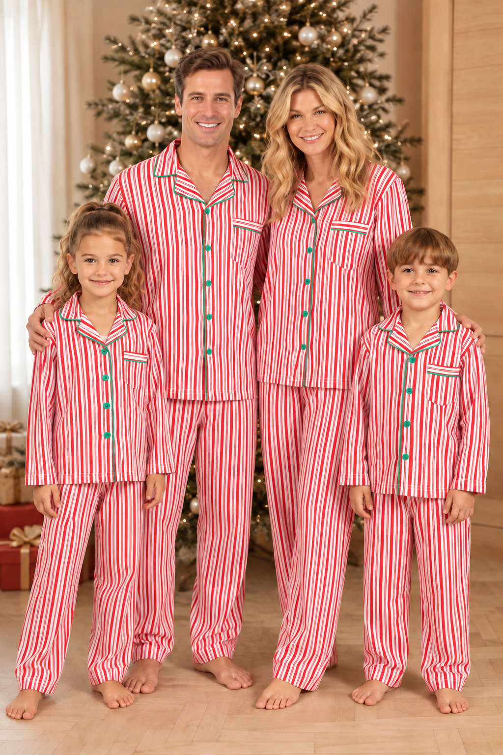 Family wearing matching red and white candy cane striped button-up Christmas pajamas with green piping