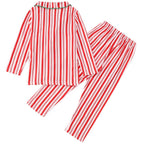 Family wearing matching red and white candy cane striped button-up Christmas pajamas with green piping - view 10