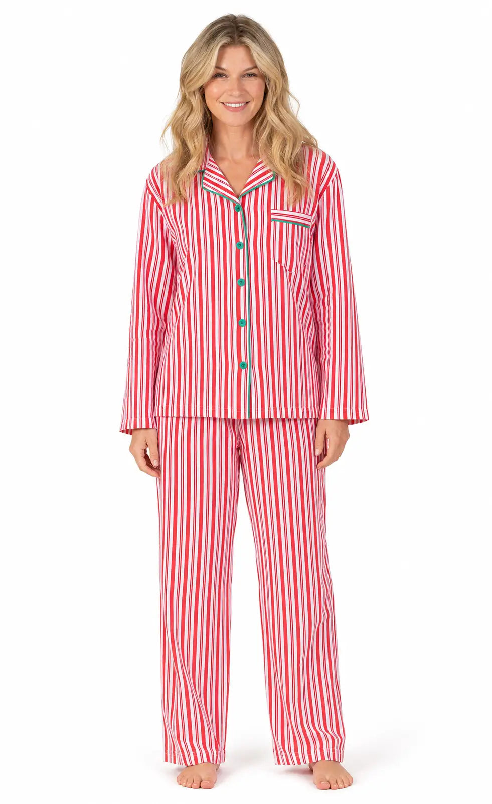 Family wearing matching red and white candy cane striped button-up Christmas pajamas with green piping - view 5