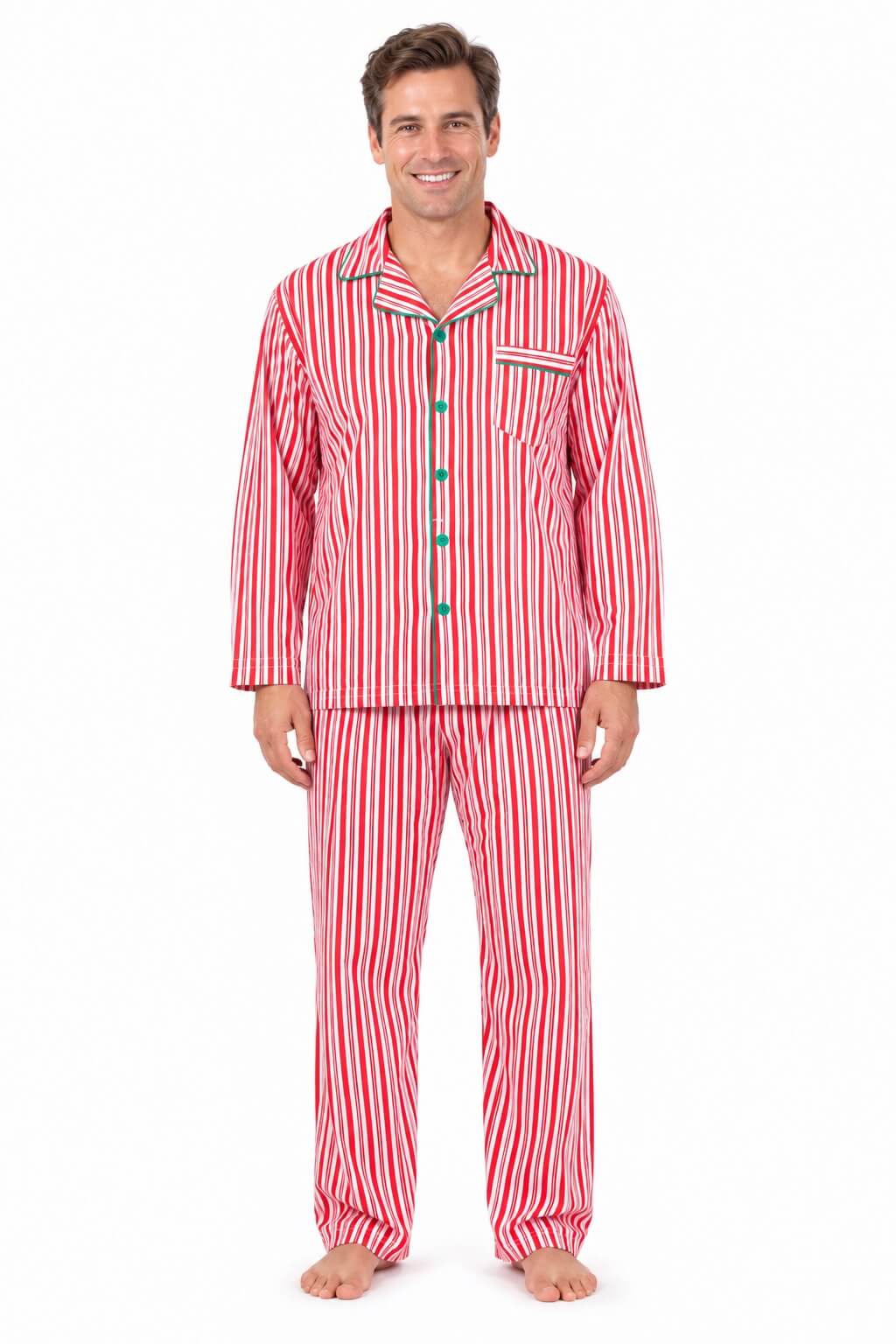 Family wearing matching red and white candy cane striped button-up Christmas pajamas with green piping - view 6