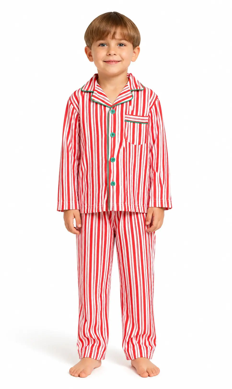 Family wearing matching red and white candy cane striped button-up Christmas pajamas with green piping - view 7