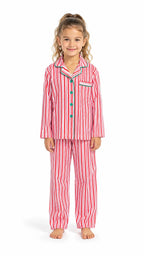 Family wearing matching red and white candy cane striped button-up Christmas pajamas with green piping - view 8