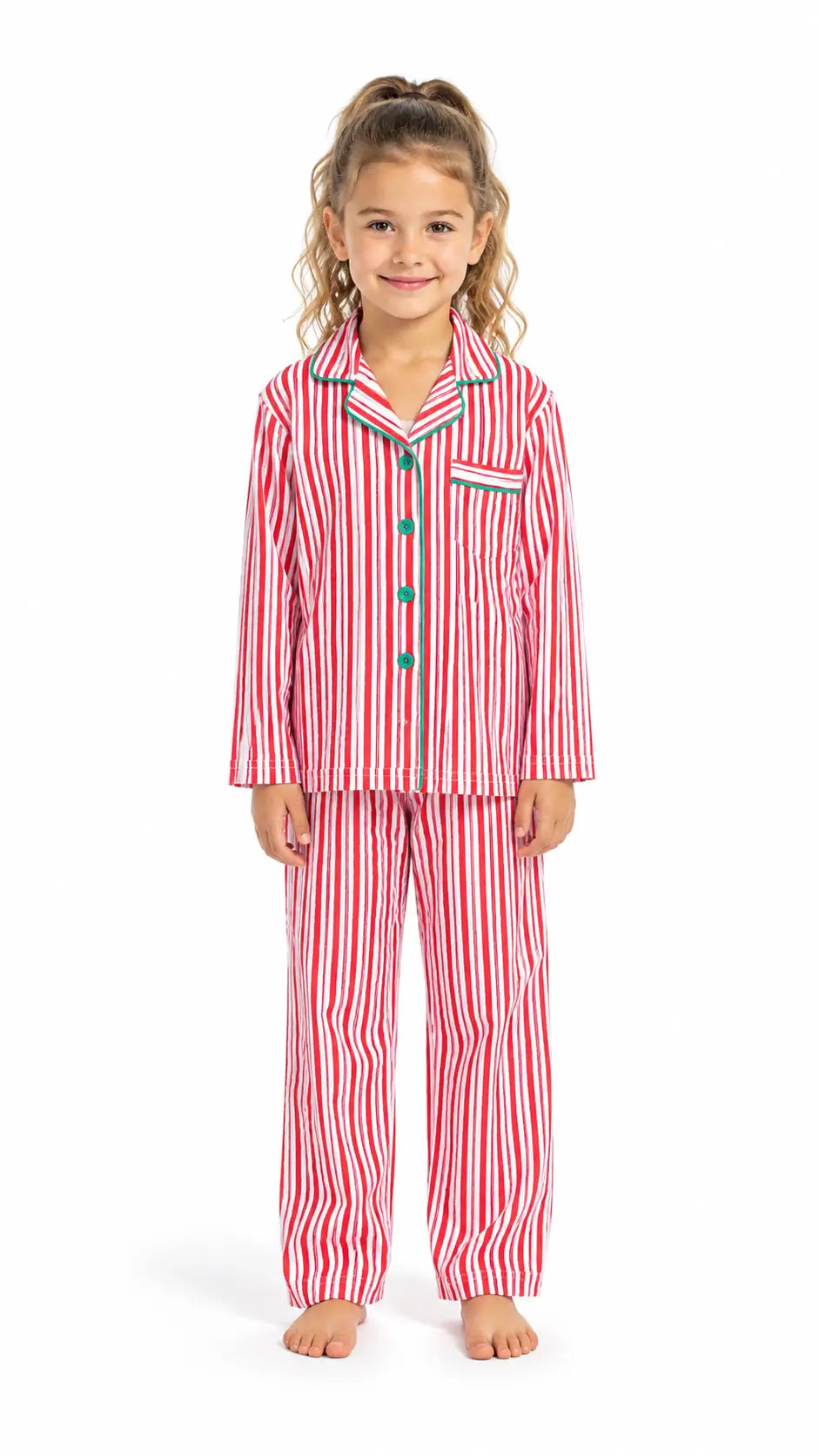 Family wearing matching red and white candy cane striped button-up Christmas pajamas with green piping - view 8