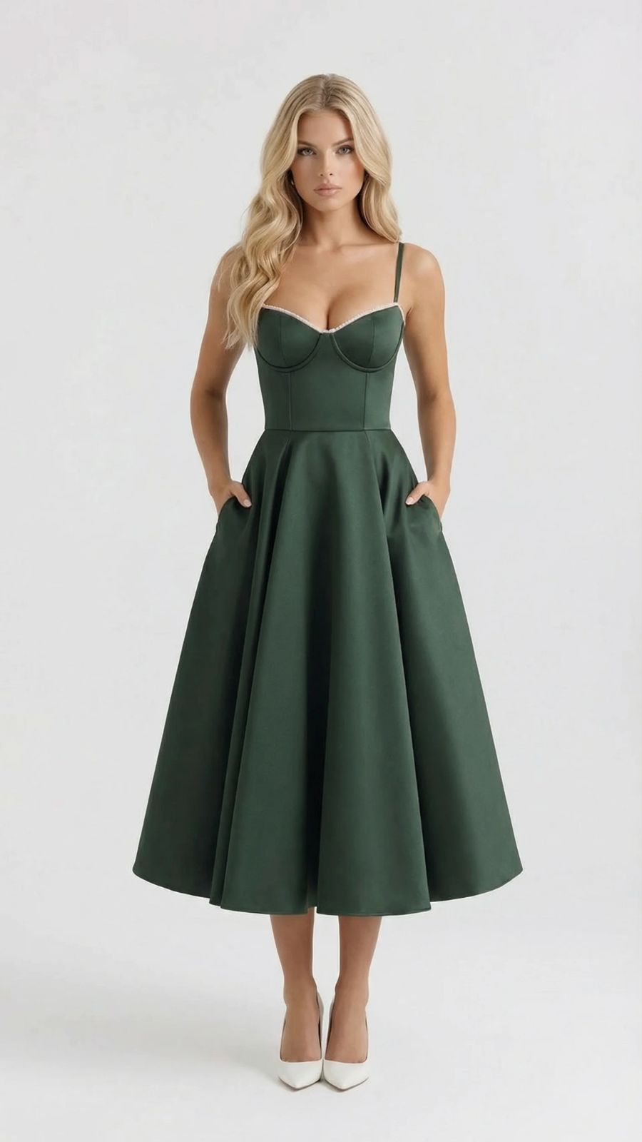 Natalie bustier satin cocktail midi dress with sweetheart neckline and flared skirt