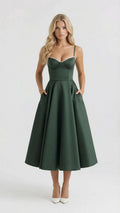 Natalie bustier satin cocktail midi dress with sweetheart neckline and flared skirt