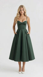 Natalie bustier satin cocktail midi dress with sweetheart neckline and flared skirt