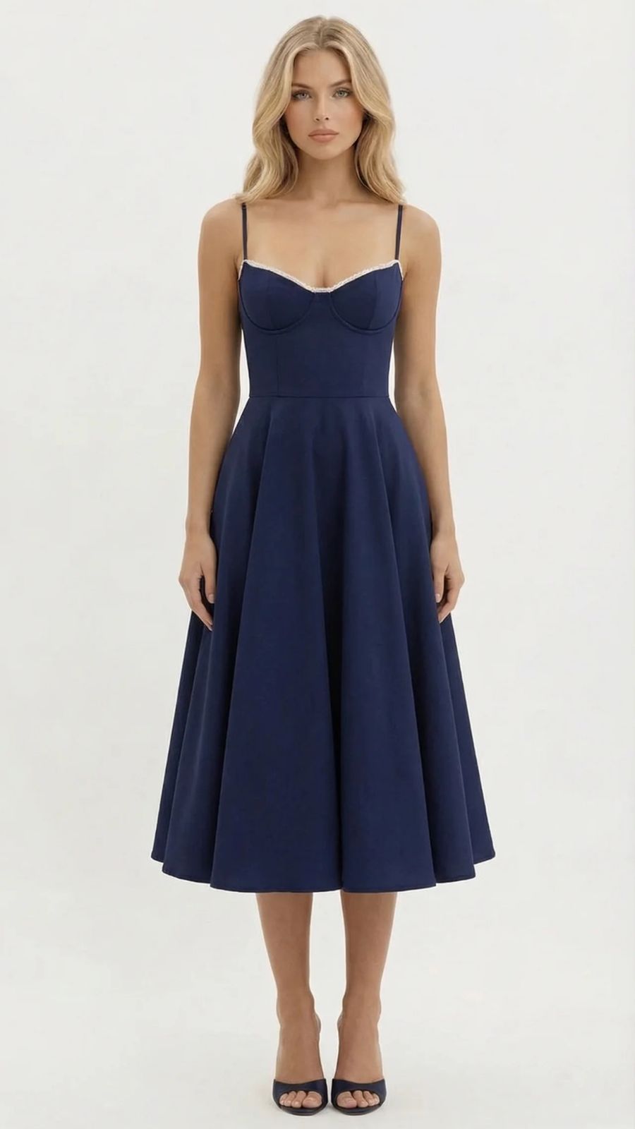 Natalie bustier satin cocktail midi dress with sweetheart neckline and flared skirt - view 10