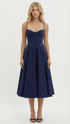 Natalie bustier satin cocktail midi dress with sweetheart neckline and flared skirt - view 10