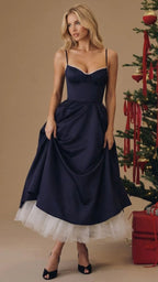 Natalie bustier satin cocktail midi dress with sweetheart neckline and flared skirt - view 12