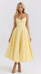 Natalie bustier satin cocktail midi dress with sweetheart neckline and flared skirt - view 14