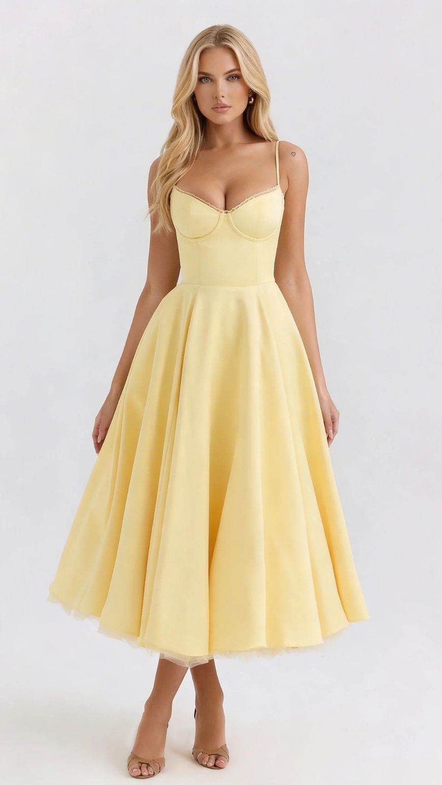 Natalie bustier satin cocktail midi dress with sweetheart neckline and flared skirt - view 14