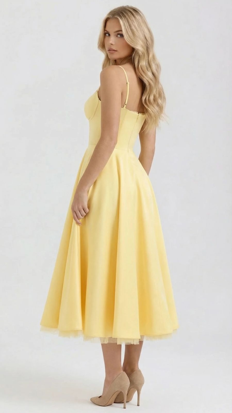 Natalie bustier satin cocktail midi dress with sweetheart neckline and flared skirt - view 15