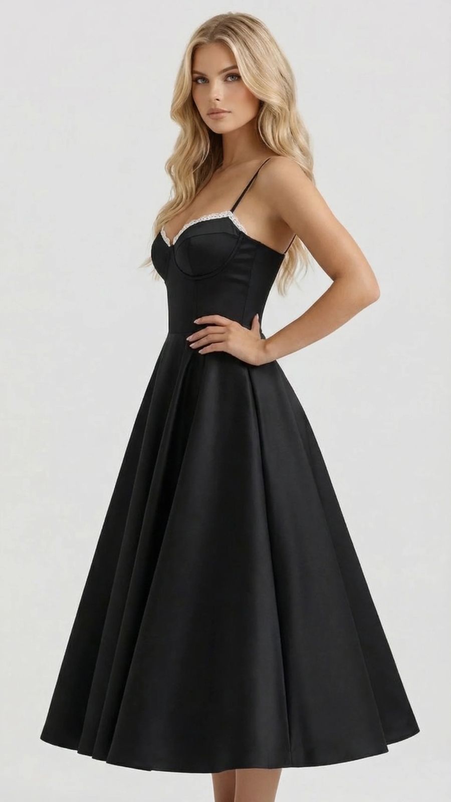 Natalie bustier satin cocktail midi dress with sweetheart neckline and flared skirt - view 17