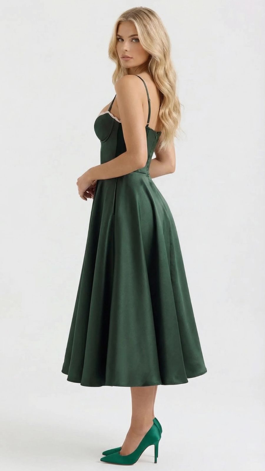 Natalie bustier satin cocktail midi dress with sweetheart neckline and flared skirt - view 2