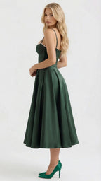 Natalie bustier satin cocktail midi dress with sweetheart neckline and flared skirt - view 2