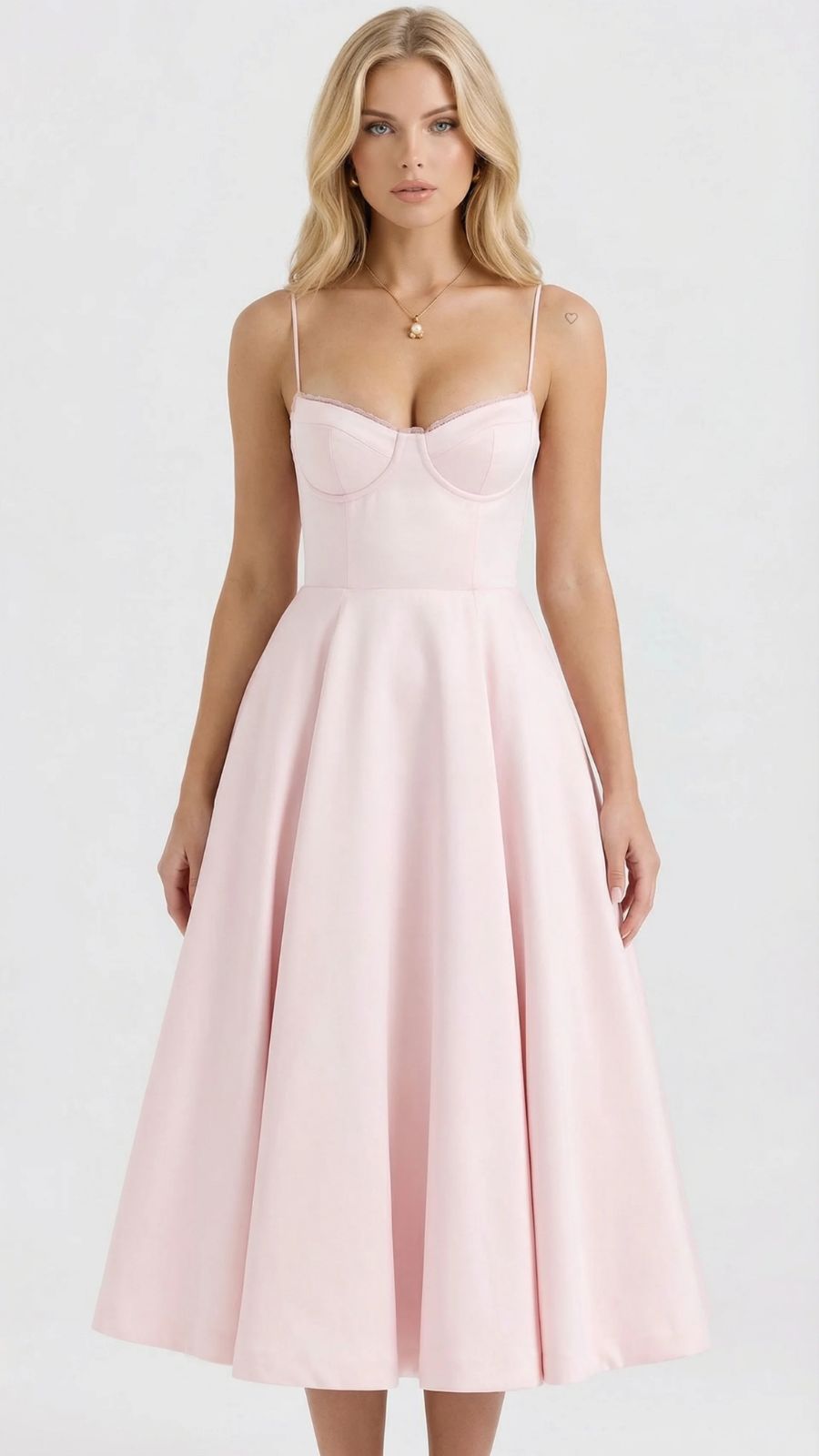 Natalie bustier satin cocktail midi dress with sweetheart neckline and flared skirt - view 20
