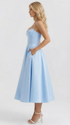 Natalie bustier satin cocktail midi dress with sweetheart neckline and flared skirt - view 28