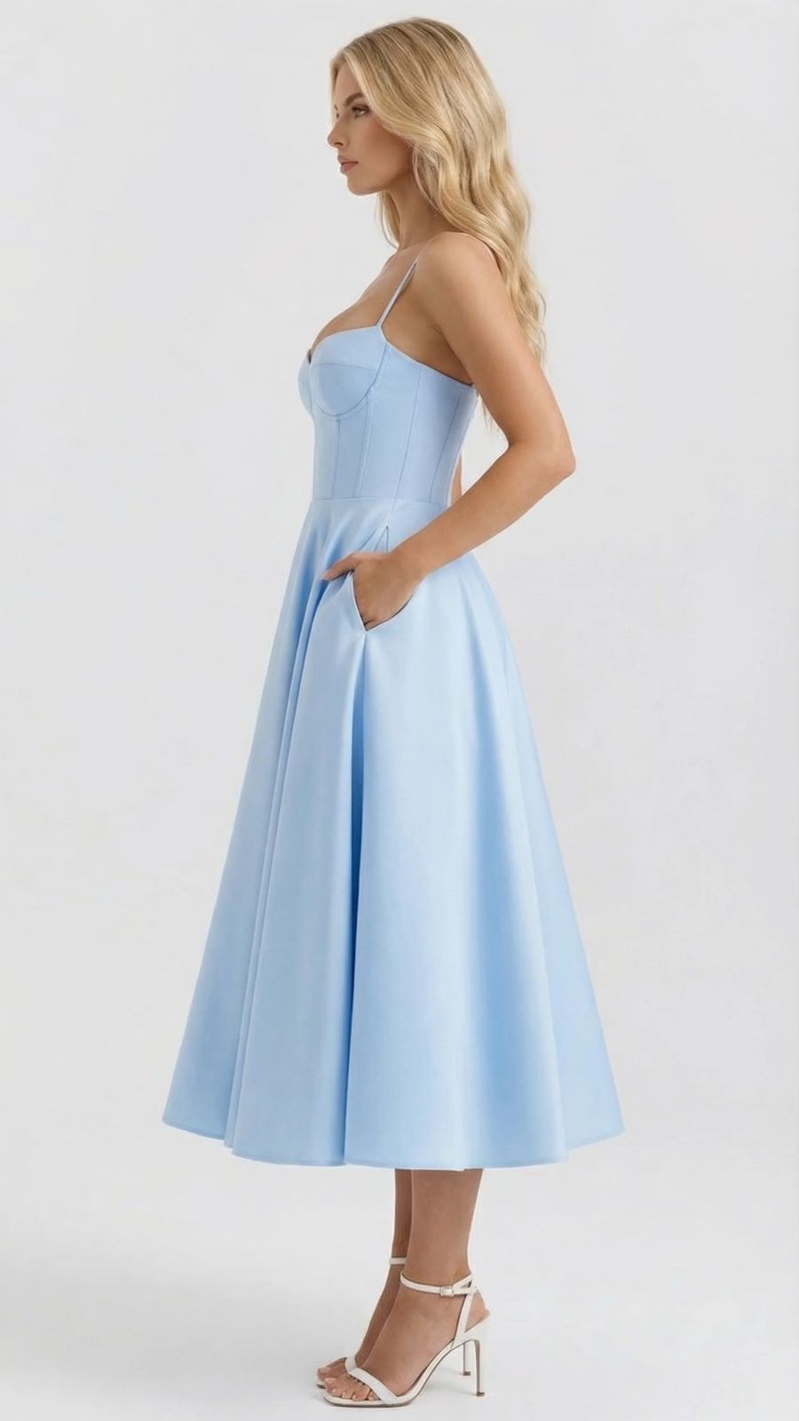 Natalie bustier satin cocktail midi dress with sweetheart neckline and flared skirt - view 28