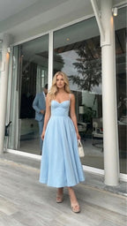 Natalie bustier satin cocktail midi dress with sweetheart neckline and flared skirt - view 29