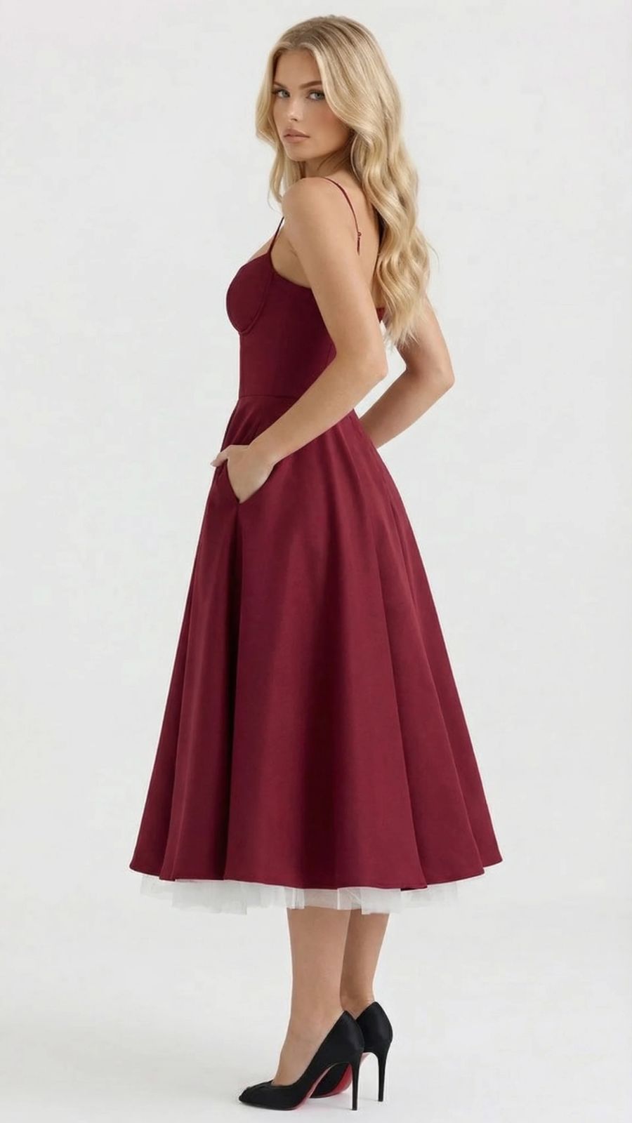 Natalie bustier satin cocktail midi dress with sweetheart neckline and flared skirt - view 6