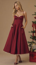Natalie bustier satin cocktail midi dress with sweetheart neckline and flared skirt - view 8