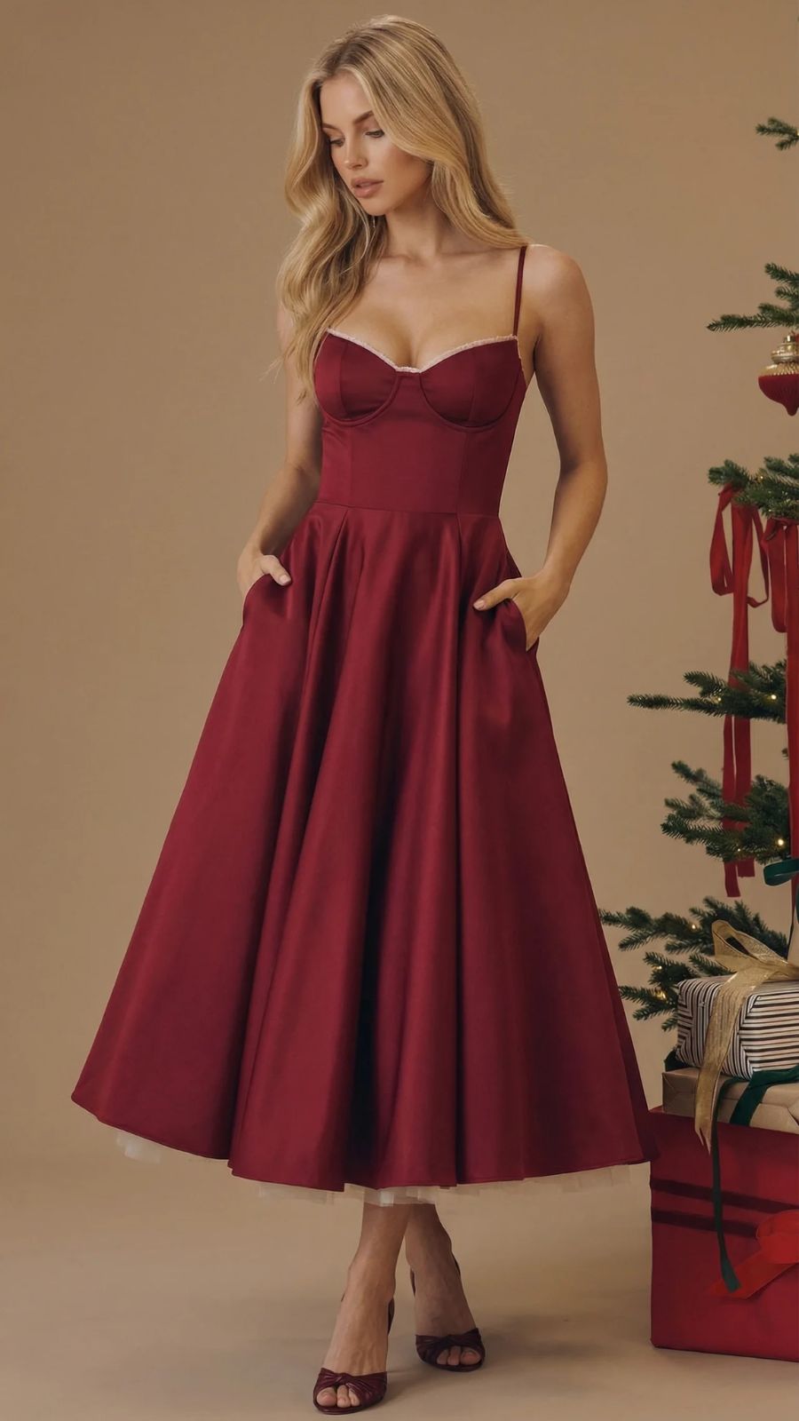 Natalie bustier satin cocktail midi dress with sweetheart neckline and flared skirt - view 8