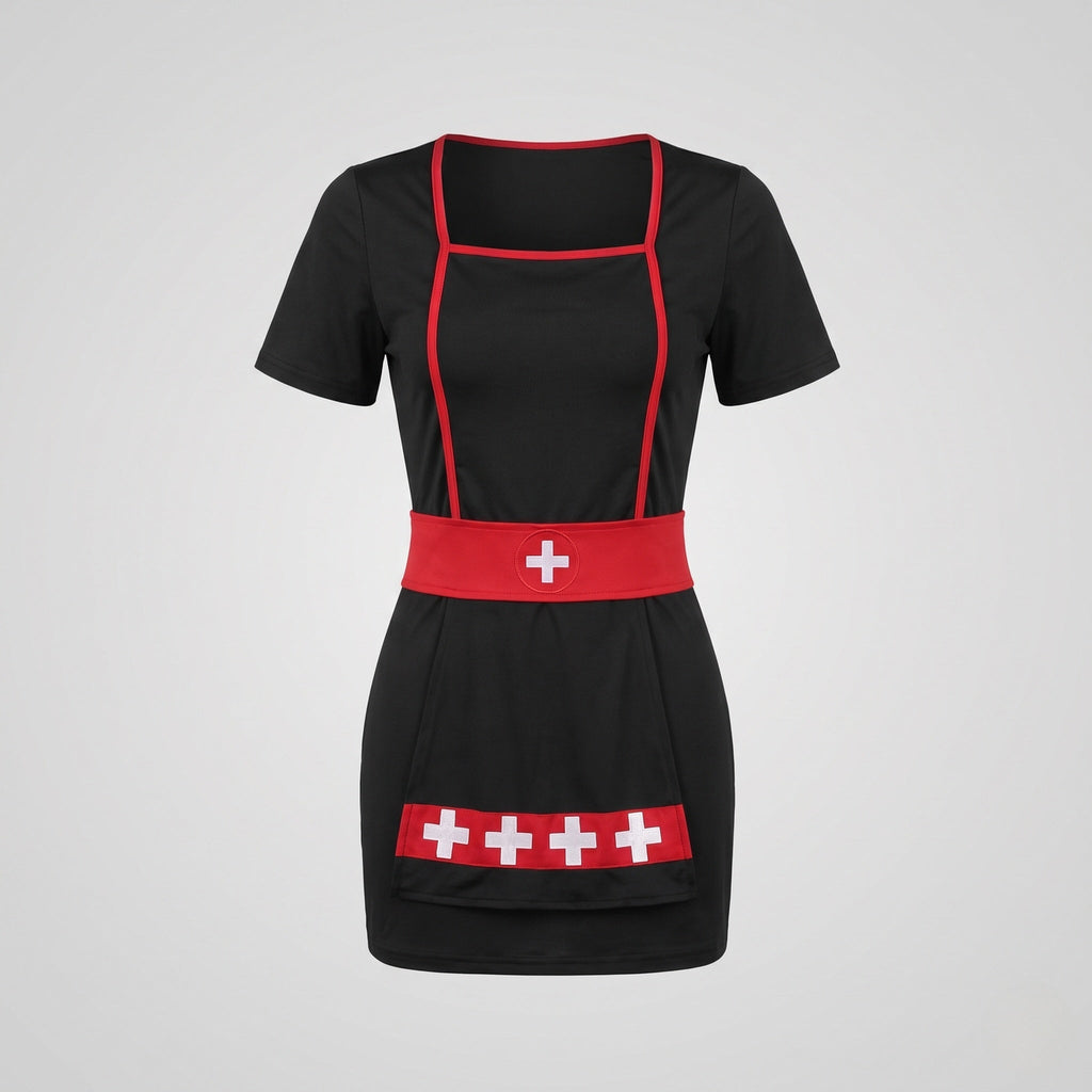 Woman wearing a black nurse costume mini dress with red piping, red cross belt, nurse cap and stethoscope - view 4