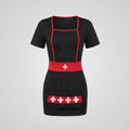 Woman wearing a black nurse costume mini dress with red piping, red cross belt, nurse cap and stethoscope - view 4