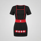 Woman wearing a black nurse costume mini dress with red piping, red cross belt, nurse cap and stethoscope - view 4