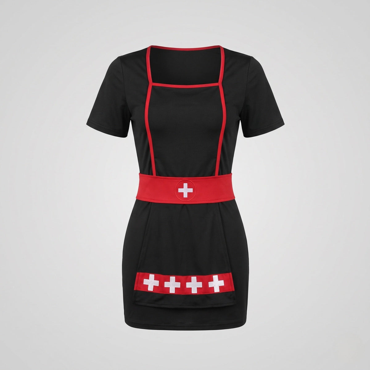 Woman wearing a black nurse costume mini dress with red piping, red cross belt, nurse cap and stethoscope - view 4