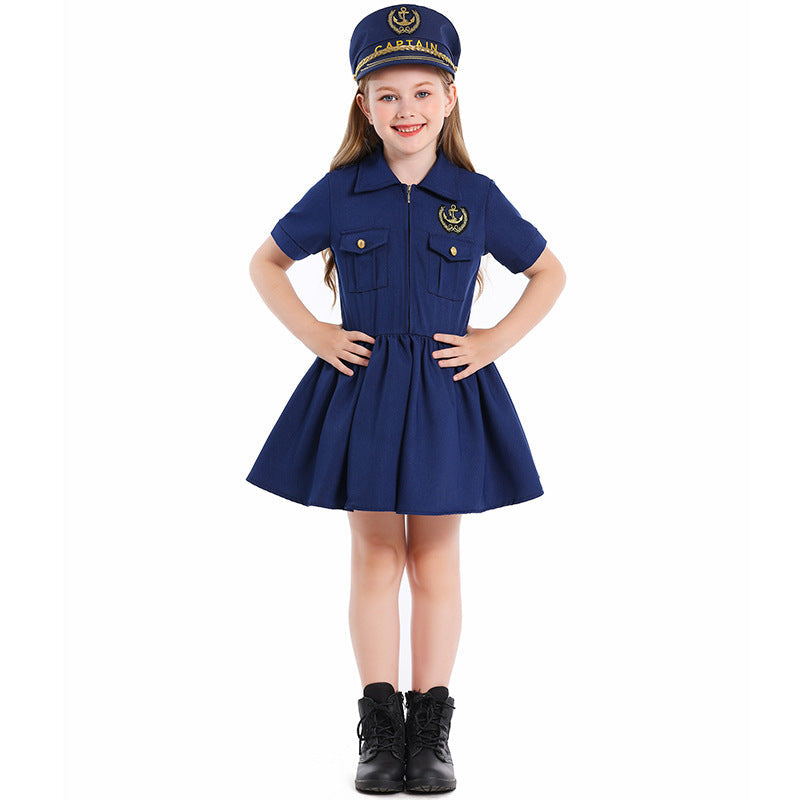 Girls navy captain costume dress with anchor badge and embroidered captain hat