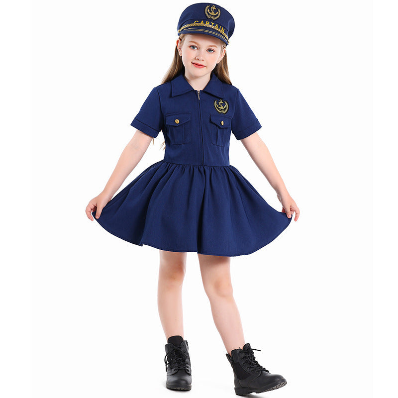 Girls navy captain costume dress with anchor badge and embroidered captain hat - view 2