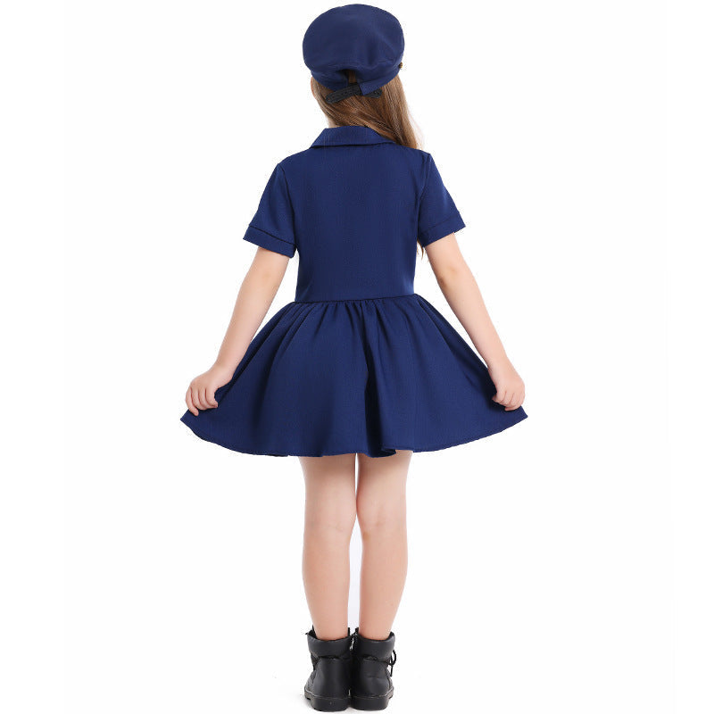 Girls navy captain costume dress with anchor badge and embroidered captain hat - view 3