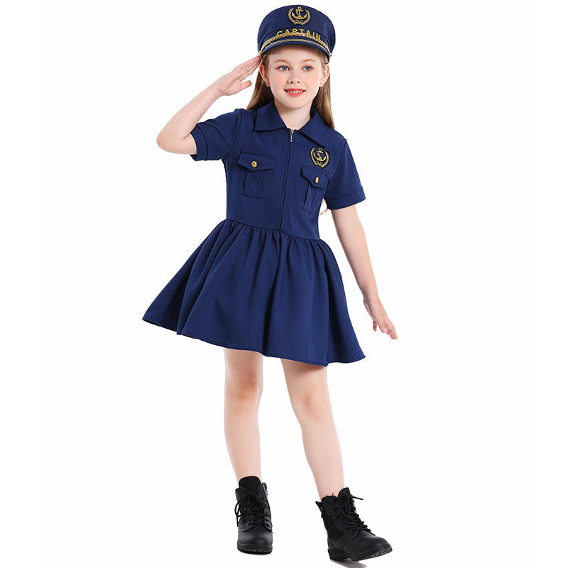 Girls navy captain costume dress with anchor badge and embroidered captain hat - view 4
